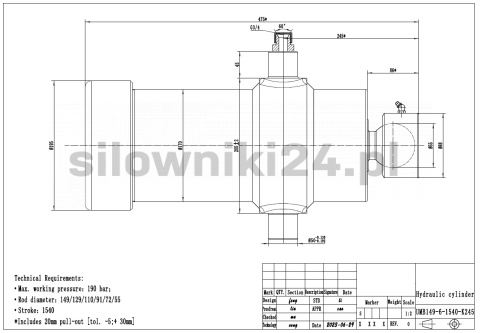 Siłownik wywrotu 15ton 1540mm 6sekcji